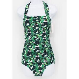 Swimsuit Vintage Style One Piece Halter with Green/Black Palm Print Size X-Small